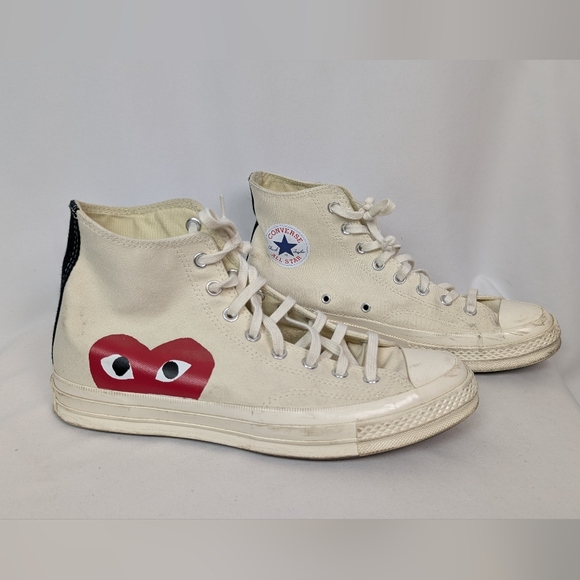 Converse Comme Des Garcons Play Shoes Mens Sz 10 Woman Sz 12 Off-White Canvas - Picture 1 of 10